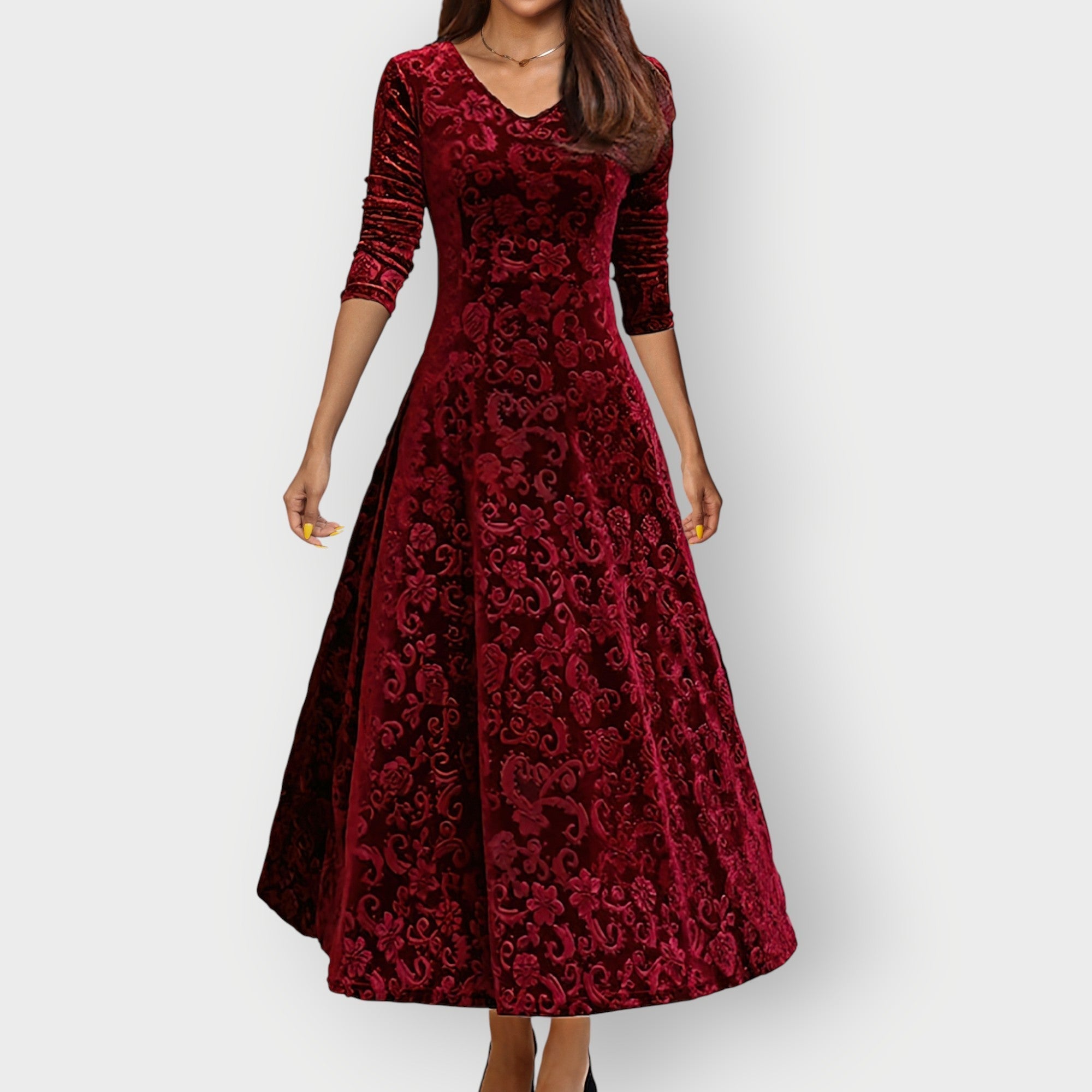 Alora - Robe Midi en Velours Jacquard Inspirée du Vintage